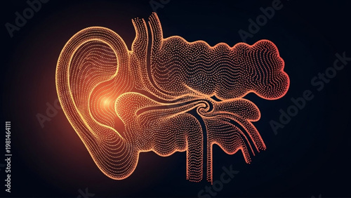 Glowing illustration of human ear anatomy, detailing inner, middle, and outer structures for medical and scientific understanding of hearing health
