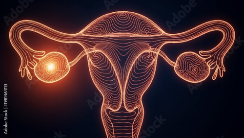 Vibrant digital wireframe rendering of the female reproductive system, highlighting the uterus and glowing ovaries, symbolizing reproductive health and scientific advancement