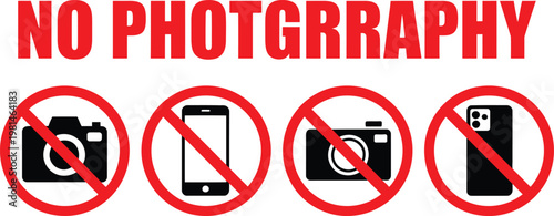 No photography sign, no camera symbol, prohibited camera icon, privacy restriction notice, security area warning, simple red circle slash pictogram, clean vector illustration.