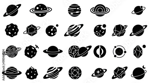Set of various abstract planet icons in black solid style.