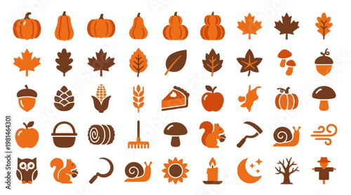 Set of Autumnal Harvest and Seasonal Celebration Decorative Flat Vector Icons