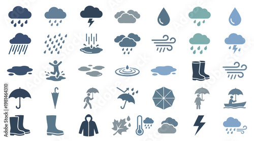Set of Weather and Rainy Day Blue Flat Vector Icons