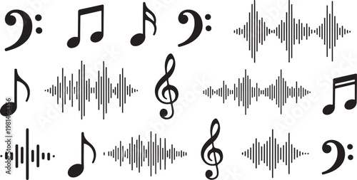 Music notes and sound waves on white background