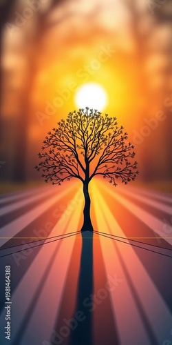 Linear tree illustration on intersecting lines, blurred background ,  tree,  modern