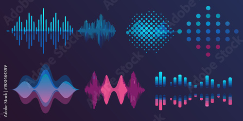 Abstract sound wave visualizations with varying colors and patterns