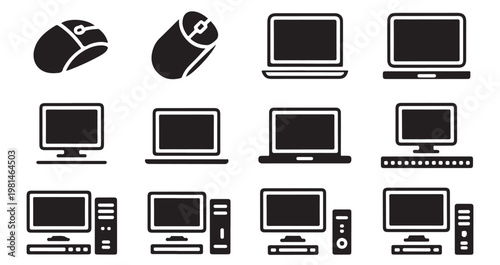 Computer icons set, desktops laptops with tower units and peripherals.