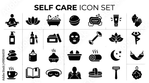 Self Care Routine and Spa Icons Set Black Silhouette Vector