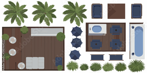 Overhead view of a resort featuring palm trees pools and lounge areas