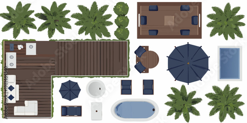 Aerial view of a resort outdoor layout with pool and seating areas