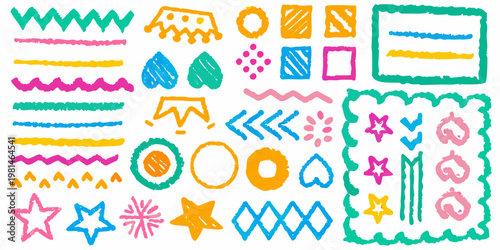 Colorful crayon scribbles and doodles arranged in a playful chaotic pattern