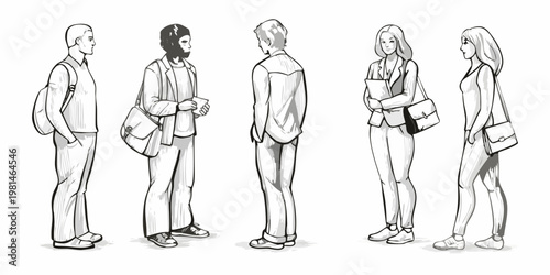 A group of five young adults standing and facing forward in sketch style