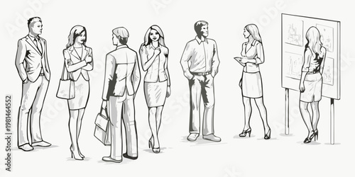 Group of professionals in a meeting reviewing a presentation board