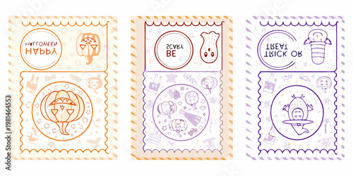 Three whimsical hand drawn postage stamps with alien and ufo themes