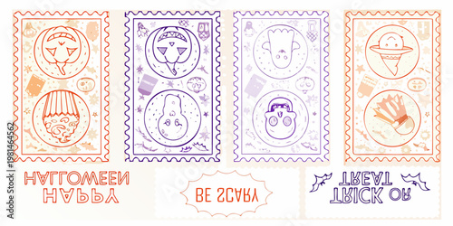 Four illustrated postage stamps with halloween themed masks and designs
