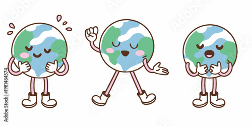 Three cartoon earth characters demonstrating the see no evil speak no evil hear no evil