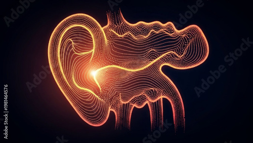 Abstract digital visualization of the human auditory system, illustrating the intricate anatomy of the ear and the process of sound perception through glowing, wave-like lines