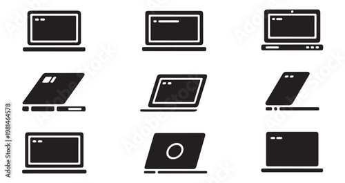 Laptop icon set. collection of open and closed laptops in various angles and styles.