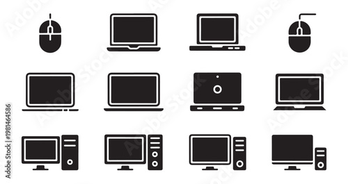 Computer, laptop, and mouse icon set. collection of various digital devices and accessories.