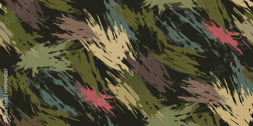 Abstract camouflage pattern with bold brushstroke textures and earthy tones