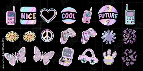 Aesthetic collection of y2k stickers featuring retro technology and playful designs