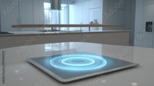 Digital tablet displaying illuminated concentric rings rests on a modern kitchen counter surface