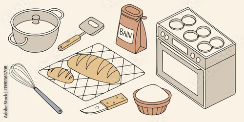 An illustrated arrangement of baking ingredients and kitchen appliances