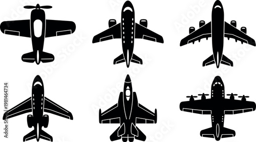 Black silhouette icons of six airplane models in top view vector art