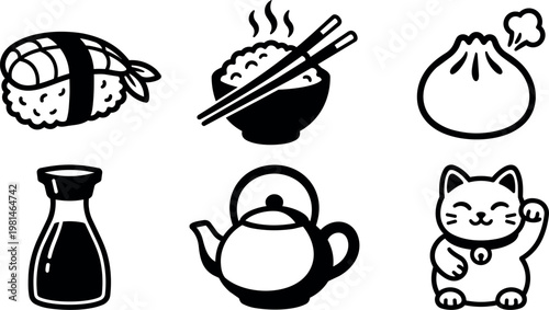 Sushi rice bowl steamed bun soy sauce teapot and waving lucky cat