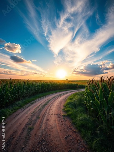 Vibrant sky ablaze behind cornfield and winding dirt road,  cornfield,  sky