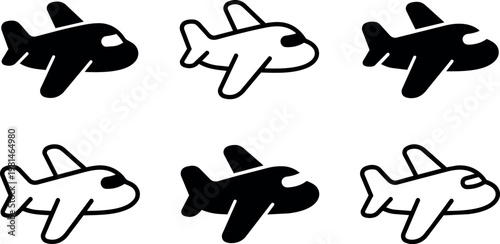 Black and white simple airplane silhouette and outline icons set