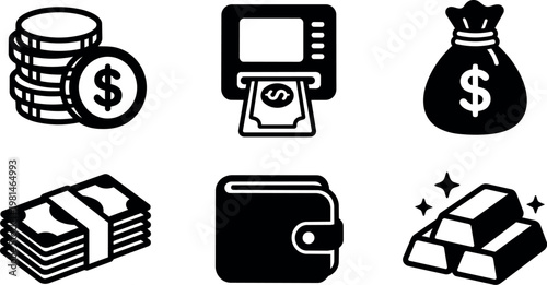 Black money icons stack of coins atm cash bag wallet and gold bars