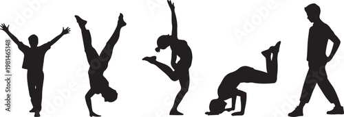 Kids action silhouettes set with children running, jumping and playful poses, Active Children Poses Collection