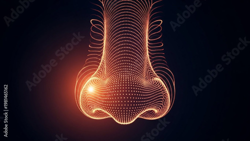 Abstract Digital Representation of a Human Nose, Illuminating with Luminous Dotted Waves, Symbolizing Olfactory Perception and Modern Bio-Technology Concepts in a Futuristic Scientific Context