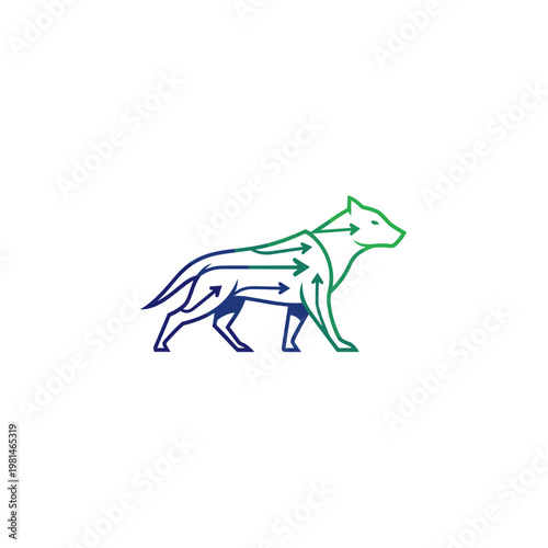 Gradient line art animal logo with internal arrows indicating flow