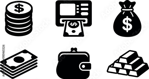 Black and white icons of money coins cash wallet and gold bars