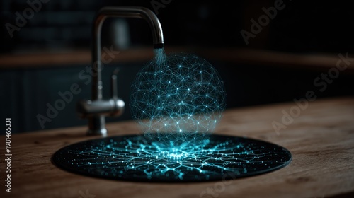 Digital network structure flows from a metallic fixture into a glowing sphere above a countertop
