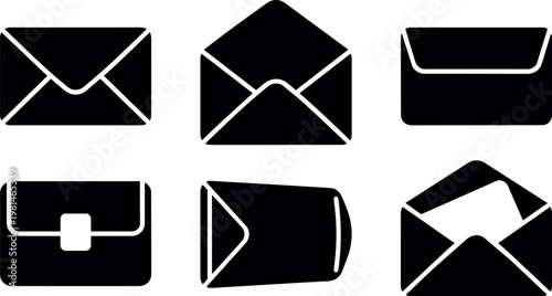 Black envelope icons set with various open and closed styles vector art