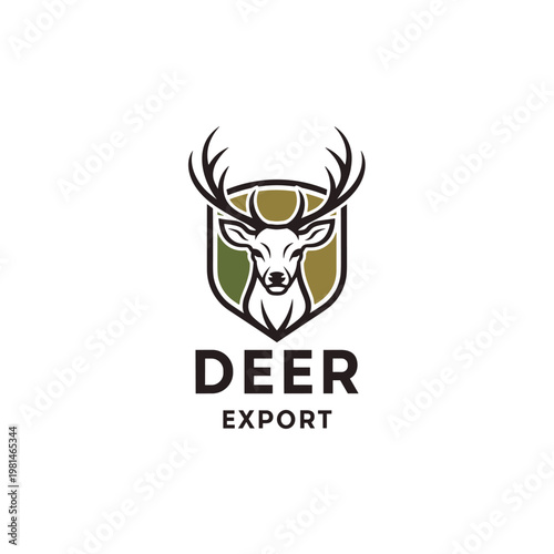 Graphic deer head logo with prominent antlers enclosed in a shield emblem design