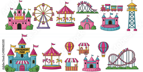Colorful Amusement Park Vector Set Featuring Carousel Ferris Wheel Roller Coaster and Fairground Castles in Cute Cartoon Style for Kids Festival and Theme Park Graphic Design Projects