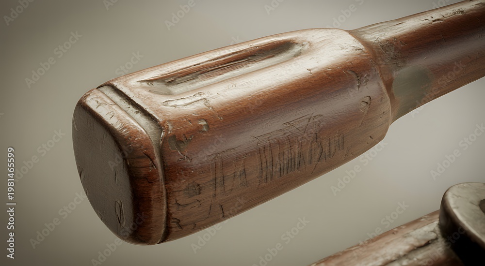 Naklejka premium Antique wooden gun stock detail showing weathered texture and aged vintage craftsmanship
