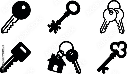 Black and white key icons collection with house and classic designs