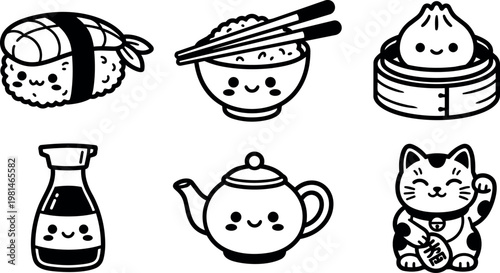 Cute kawaii sushi rice bowl dumpling soy sauce teapot and beckoning cat icons black and white line art