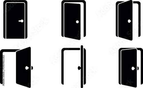 Black silhouette icons of open and closed door variations in flat vector style