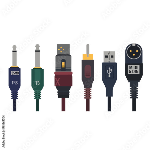 Collection of Audio and MIDI Connectors: TRS, TS, USB, and XLR Plugs