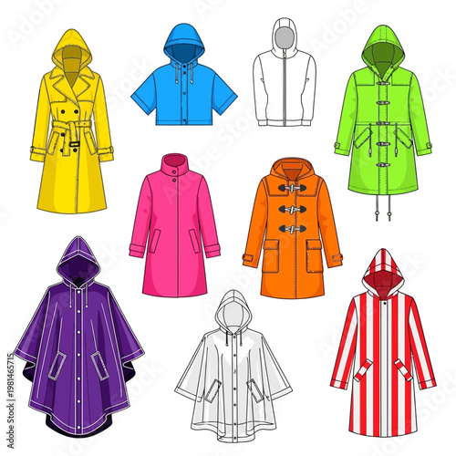 Collection of colorful raincoats and ponchos for all seasons