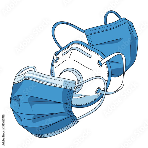 Collection of blue medical face masks and respirator, protection against viruses and pollution