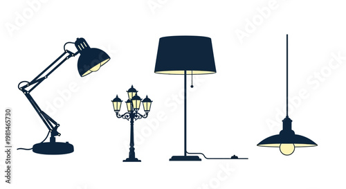 Collection of diverse lamps: desk, street, floor, and pendant lights, silhouette style