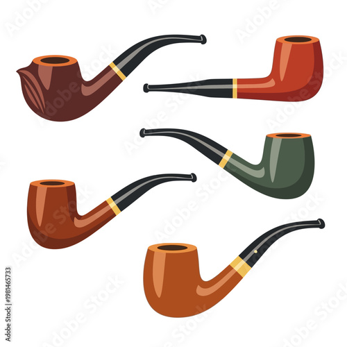 Collection of Five Vintage Smoking Pipes, Various Shapes and Colors, Isolated on White