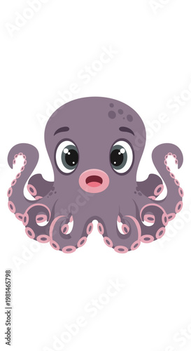 Cute Purple Octopus Cartoon Character with Big Eyes, Amazed Expression, Vector Illustration