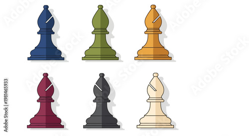 Set of colorful chess bishop pieces on white background, flat design